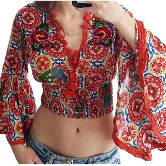 NWT Antica Sartoria Embroidered Tassel Crop Top Multicolor Boho One Size - Picture 6 of 10